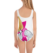 all over print kids swimsuit white back representing million doge disco dog wearing a space outfit