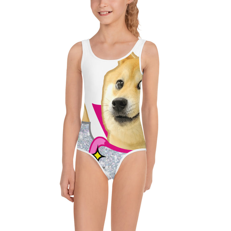 all over print kids swimsuit white front representing million doge disco dog wearing a space outfit