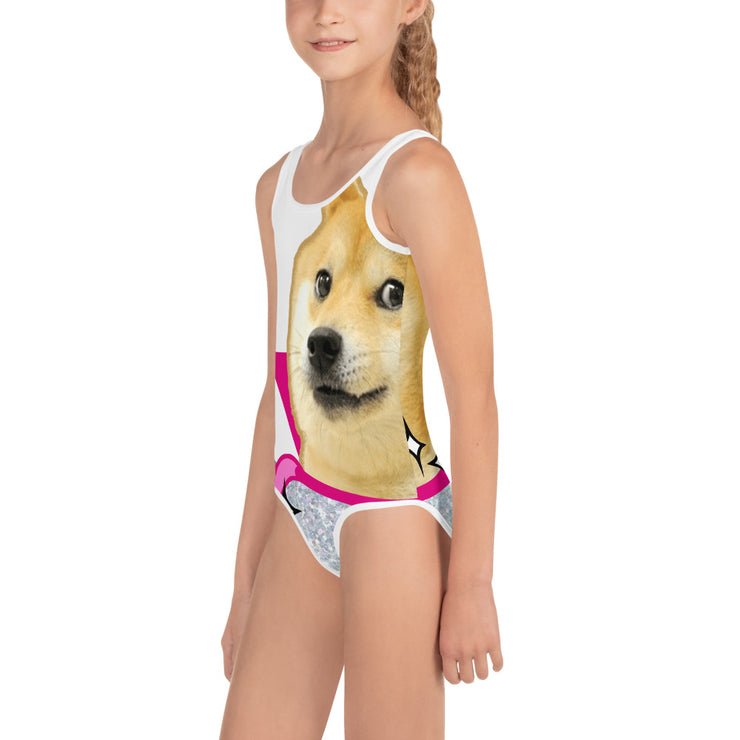 all over print kids swimsuit white right view representing million doge disco dog wearing a space outfit
