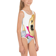 all over print kids swimsuit white left view representing million doge disco dog wearing a space outfit